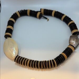 Boho wood bead and shell  Black and Cream Beaded Necklace